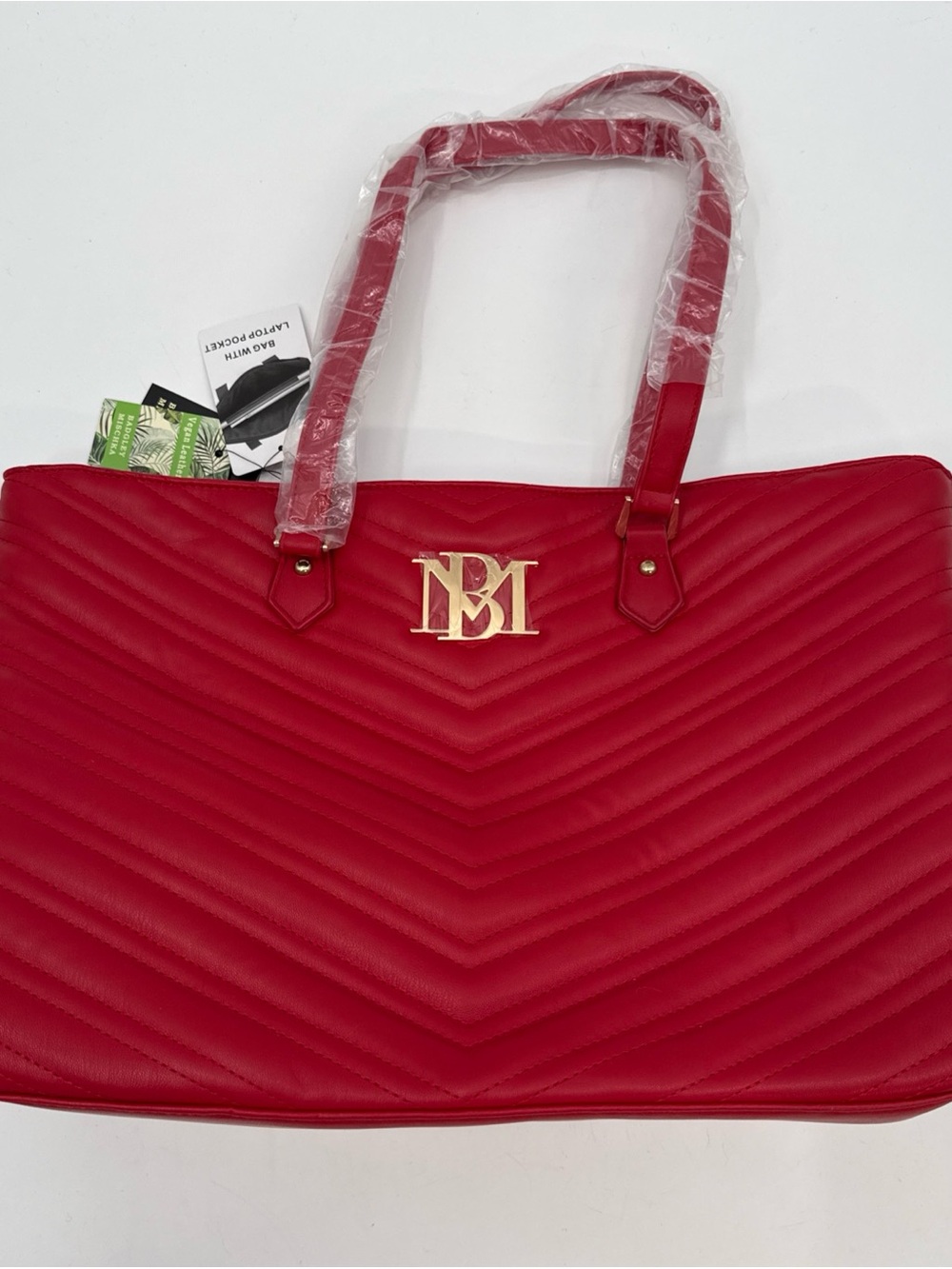 Red Quilted Laptop Tote with Gold Monogram Hardware